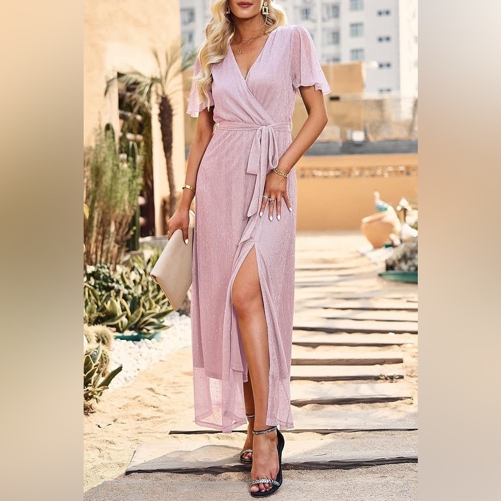 PRETTYGARDEN Pink Glitter Maxi Dress Wrap V-Neck Cocktail Party size XXL